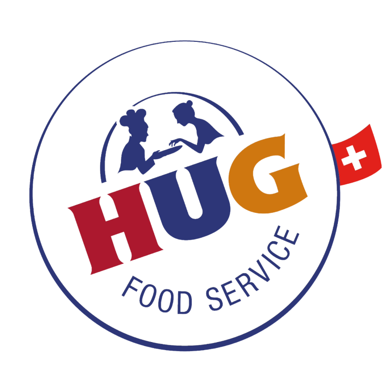 Logo von HUG Food Service mit stilisierten Figuren und Schweizer Kreuz.