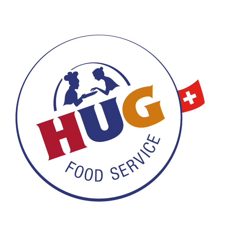 Logo von HUG Food Service mit stilisierten Figuren und Schweizer Flagge.